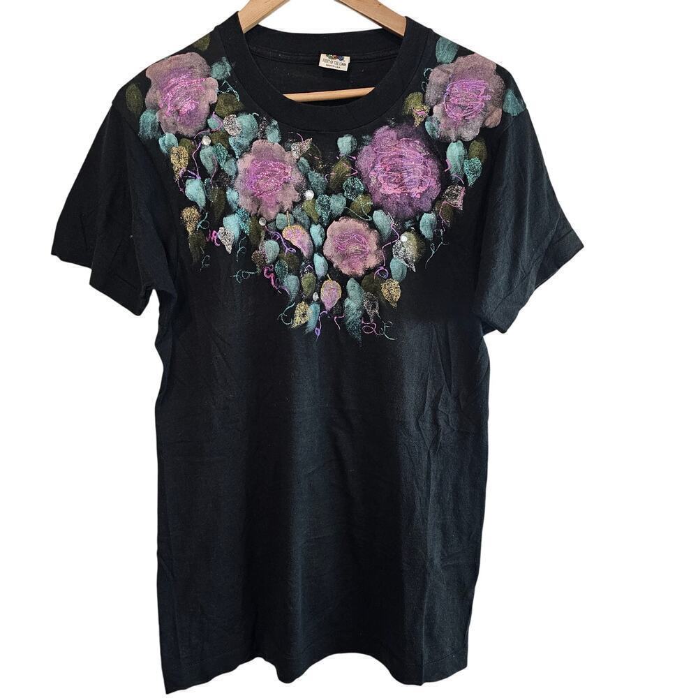 Vintage Flower T-Shirt Womens Large 90s Black Puff Paint 3D Cottage Whimsygoth
